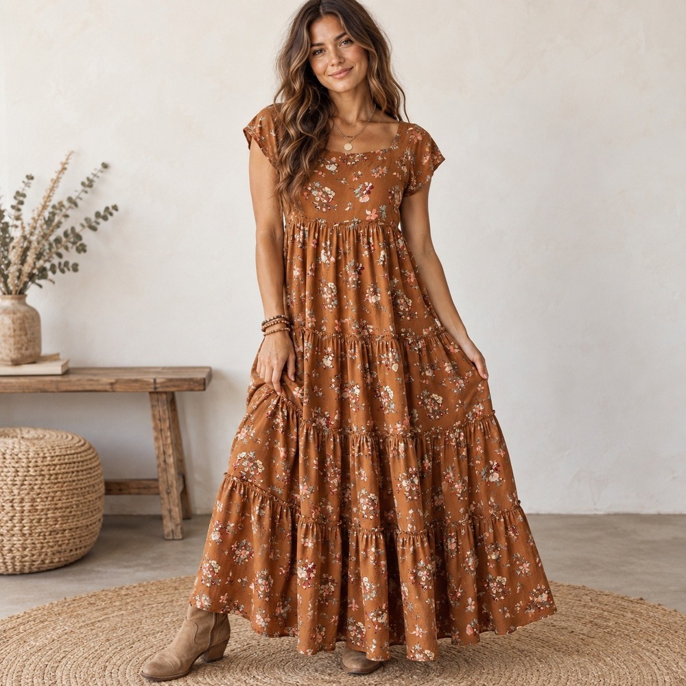 Natural Life Brown Floral Tiered Maxi Dress Medium Boho Cottagecore Western